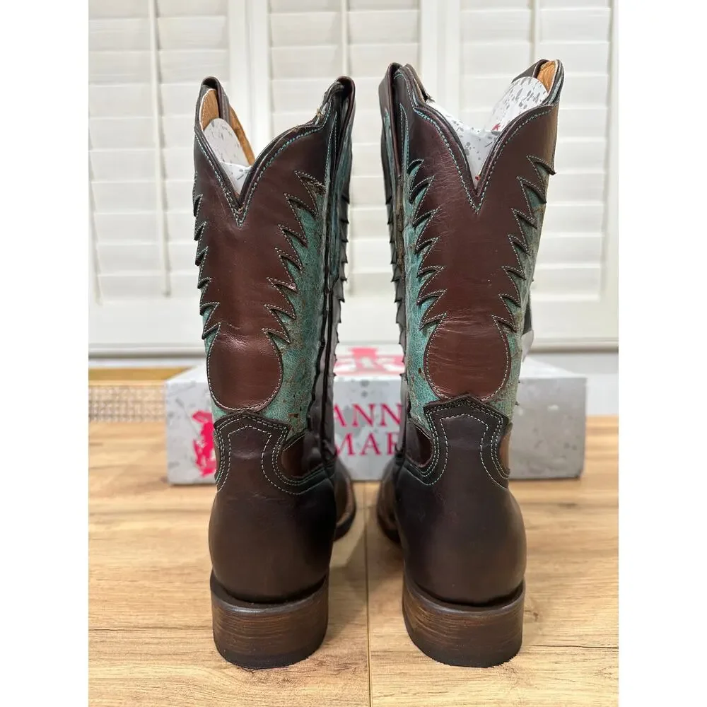 Tanner Mark Men's Cowboy Boots Brown Bronze Teal Leather Size 9 NIB Western